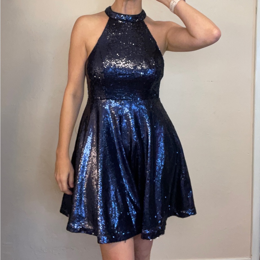 Formal event Navy sequin open back skater dress